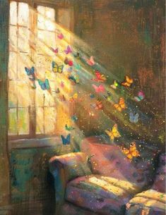 a painting of a chair with butterflies coming out of the window and sunlight streaming through it