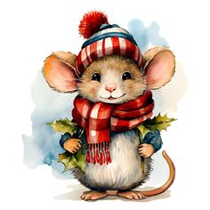 a watercolor painting of a mouse wearing a red and white striped scarf, with holly leaves around its neck