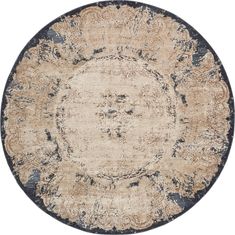 a round rug with blue and beige colors