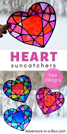 Make a stained glass heart suncatcher with kids and decorate your windows for Valentine's Day! Free printable template is included. #kidscrafts #suncatchers #valentinesdays Heart Suncatchers, Stained Glass Heart, Heart Suncatcher, Black Glue, February Crafts, Valentine's Day Crafts For Kids, Preschool Valentines, Valentine Activities