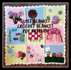 a crochet blanket with pictures of animals and flowers on it, in different colors