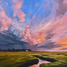 an oil painting of a sunset over a marshy field with clouds in the sky