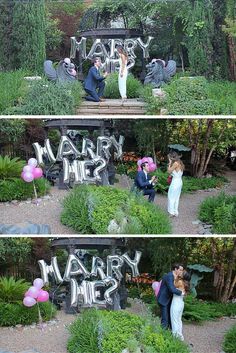 two pictures of a couple kissing in front of a sign that says marry me and balloons