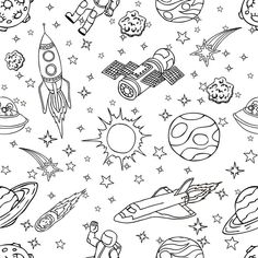 black and white space doodles with rockets, stars, planets and other objects