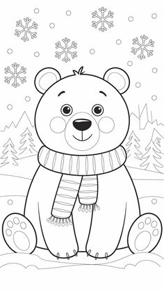 a black and white drawing of a bear wearing a scarf with snowflakes in the background