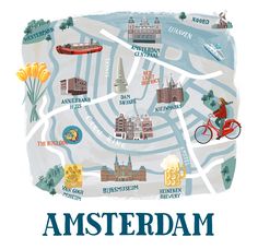 an illustrated map of the city of amsterdam, with buildings and people riding bikes on it