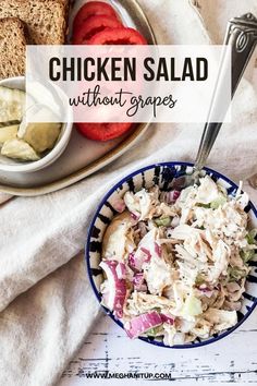 chicken salad without grapes in a blue and white bowl