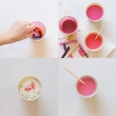 the process of making cupcakes with popsicle sticks and colored sugar cubes