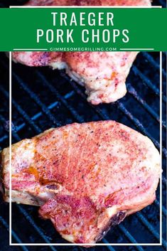 two pork chops cooking on a grill with the words easy smoked pork chops