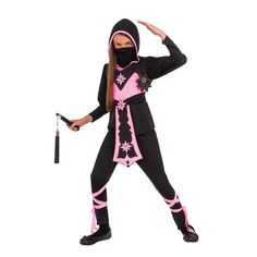 HIYAAAAAAH! Hone in on your skills of stealth, agility, and combat but above all else, total cuteness. Pick up our Girls Pink Crystal Ninja Halloween Costume and take down your opponents this season. This item features a black hooded tunic with pink trim, matching pants and pink leg ties. The Halloween streets are not safe with wild creatures haunting the night! With our Girls Pink Crystal Ninja Halloween Costume you will be able to defend against the ghouls and goblins this holiday season. Available at CostumeKingdom.com!!! Girls Pink Crystal Ninja Costume size Medium 8-10 Available in Sizes: Small, Medium and Large Item Includes: Tunic with Hood, Pants & Leg Wraps. Pictured items not included: Stockings or Shoes Material: 100% Polyester Exclusive of Trim Care Instructions: Hand Wash in C Crystal Ninja, Ninja Halloween, Dragon Ninja, Pink Ninja, Ninja Girl, Black Attire, Hooded Tunic, Halloween Fancy Dress, Costume Collection