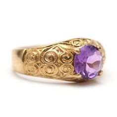 Just a cool vintage 9k yellow gold and amethyst ring. I love the swirly detail on the shoulders. Amethyst measures 7mm in diameter. Ring size 7.Sizing availableLayaway available Watch Cufflinks, Cool Vintage, Amethyst Ring, Ring Size 7, Earring Necklace, Ring Shopping, Class Ring, Sapphire Ring, Ring Earrings