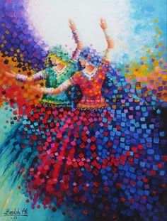 a painting of two people dancing with colored squares in the air and one person holding their hands up