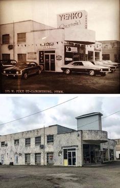 an old and new building with cars parked outside