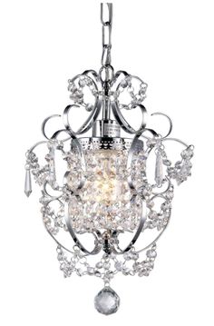 a chrome and crystal chandelier hanging from a ceiling fixture with an ornate design