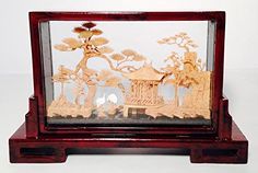 Oriental Cork Sculpture with Cranes and Pagoda Treasure Cork Sculpture, Glass Shadow Box, Carved Wood Sculpture, Art Chinois, Glass Display Case, Cork Art, Bamboo Art, Wood Case, European Art