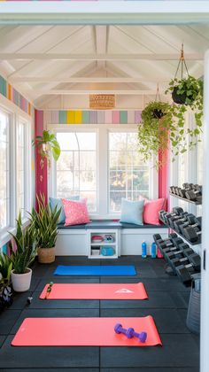 A vibrant home gym she shed with rainbow-striped walls, exercise mats, dumbbell rack, built-in bench seating, and hanging plants.