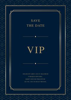 a blue and gold save the date card with an art deco frame on it's front