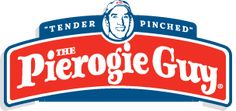 the pierogie guy logo is shown in red, white and blue with a man's face on it