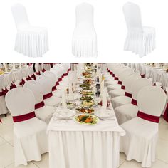 there are many white chairs and tables with red sashes on them, all set up for a banquet