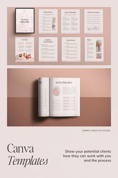 an open book with the title canva templates written on it, next to photos and