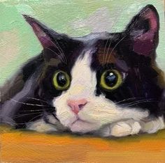 a painting of a black and white cat with green eyes sitting on a yellow surface