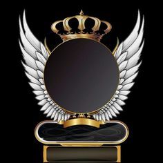 an award with wings and a crown on the top, in front of a black background