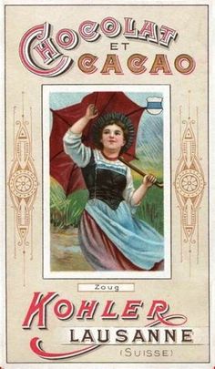 an old advertisement for chocolate with a woman holding an umbrella in front of her face