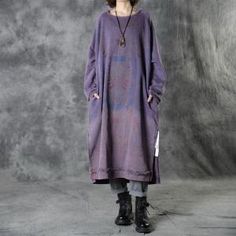 Side Slits Totem Pattern Yellow Dress Cotton Oversized T-shirt Dress in Grape Mustard Blue One Size - Morimiss.com Plain Midi Dress, Fringe Sweatshirt, Oversized T Shirt Dress, Cotton Long Dress, Sweat Dress, Fall Dress, Ethnic Print, Dress Long Sleeve, Floral Vintage