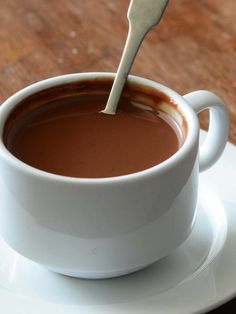 a spoon in a cup of chocolate on a saucer