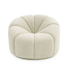 a white chair with a circular cushion on the top and bottom, in front of a white background