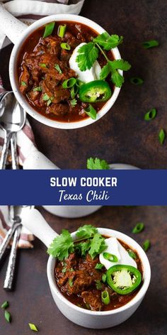 two bowls of slow cooker tex's chili with sour cream and cilantro