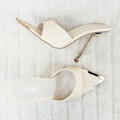 Cream High Heel Synthetic Mules, White Open Toe Heels With Metal Feet, Cream High Heel Mules, You Are Important, Slip On Sandals, Foot Bed, Protective Packaging, Tear Drop, Gold Tone Metal