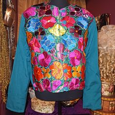 Floral Embroidered Blazer Xl Nwt 100% Cotton Width 21" Length 22" Side Pockets Inside Pocket Lined Pink Embroidered Fitted Outerwear, Pink Fitted Embroidered Outerwear, Fitted Long Sleeve Outerwear With Multicolor Embroidery, Multicolor Floral Embroidered Spring Outerwear, Spring Multicolor Floral Embroidered Outerwear, Multicolor Long Sleeve Outerwear With Floral Embroidery, Multicolor Floral Embroidered Long Sleeve Outerwear, Embroidered Multicolor Outerwear For Spring, Fitted Pink Outerwear With Floral Embroidery