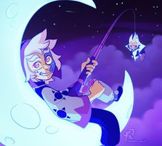 a cartoon character is sitting on the moon with a fishing rod in his hand and another cat flying behind him