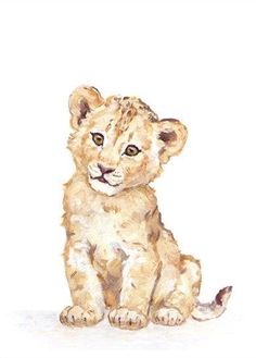 a watercolor painting of a baby lion cub sitting on the ground looking at the camera