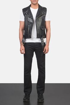 A double-rider-style leather vest with a trendy asymmetrical zipper, removable belt, and shoulder epaulettes. Mens Varsity Jacket, Motorcycle Leather Vest, Leather Vests, Leather Shorts Women, Short Leather Skirts, Leather Biker Vest, Men's Leather Jackets, Leather Jackets For Men, Leather Jumpsuit