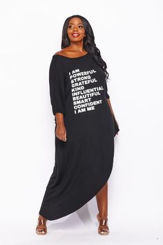 I Am Powerful Dress - Foxy And Beautiful Casual Black High-low Hem Tops, Trendy Black Dress For Loungewear, Black Summer Dress With Curved Hem, Trendy Black Lounge Dress, Trendy Black Loungewear Dress, Summer Long Sleeve Dresses With Letter Print, Casual Stretch Asymmetrical Dress, Casual Fall Dress With Curved Hem, Casual Oversized Dress With Curved Hem