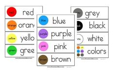 four different color words are shown in this printable game for children to learn colors