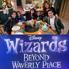 the cast of wizard's beyond waverly place posing for a photo in front of their birthday cake