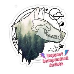 a sticker with the words support independent artists in front of a bear and trees