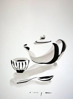 a drawing of a teapot with a bowl and spoon next to it on a white background