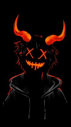 a drawing of a demon with horns and fangs on it's face in the dark