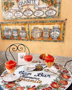 a table with two cups and saucers on it in front of a sign that says granite