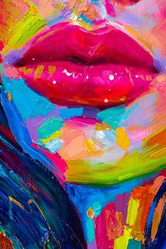 an abstract painting of a woman's face with bright colors on her cheeks and lips