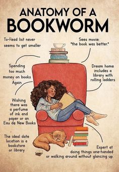 the anatomy of a bookworm sitting on a red chair with her dog sleeping next to it