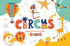 the circus font is surrounded by colorful animals and hot air balloons in blue, green, yellow, orange, and white colors