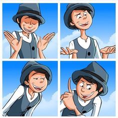 four different pictures of a person wearing a hat and holding his hands up in the air