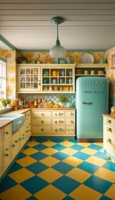 an old fashioned kitchen with yellow and blue tiles on the floor, green refrigerator freezer