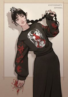 a drawing of a woman wearing a black shirt with red and white designs on it