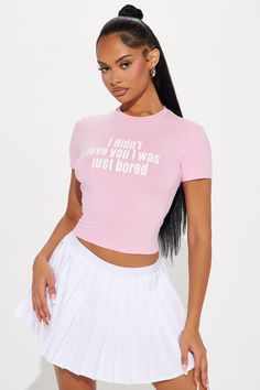 Available In Pink And White. Crew Neck Short Sleeve Front Screen Stretch Disclaimer: Due To The Printing Process A Difference In Saturation May Occur. Each Garment Is Unique 95% Cotton 5% Spandex Imported | I Was Just Bored Tee Shirt in Pink size XL by Fashion Nova Search By Photo, White Crew Neck, Jeans Jumpsuit, Matching Dresses, In Hot, Pink Fashion, Pink And White, Printing Process, Clothes For Sale